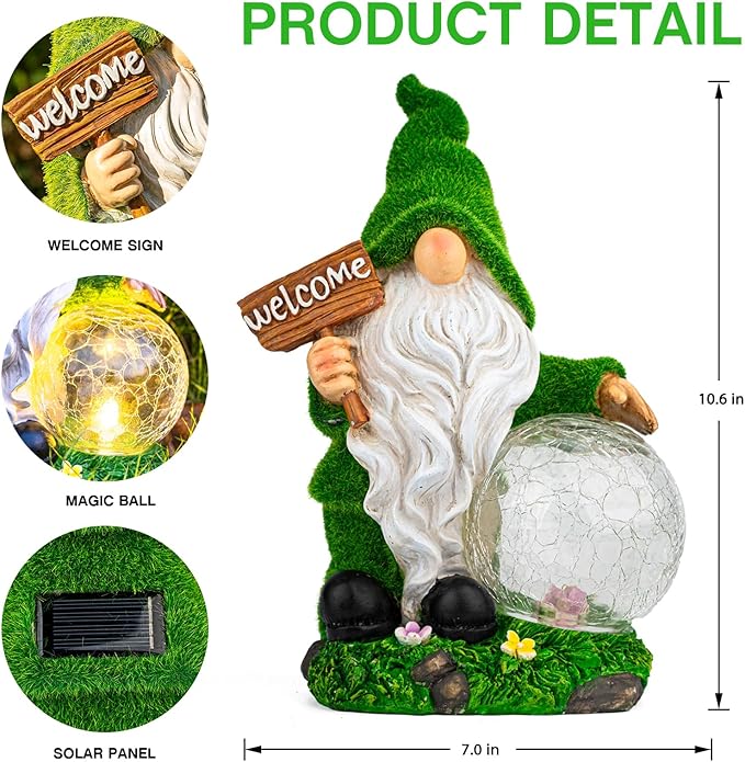 Gnome Garden Statue Figurine Decor with Solar Lights, Outdoor Garden Succulent Ornaments Waterproof Decoration for Outside Patio Yard Lawn Decor