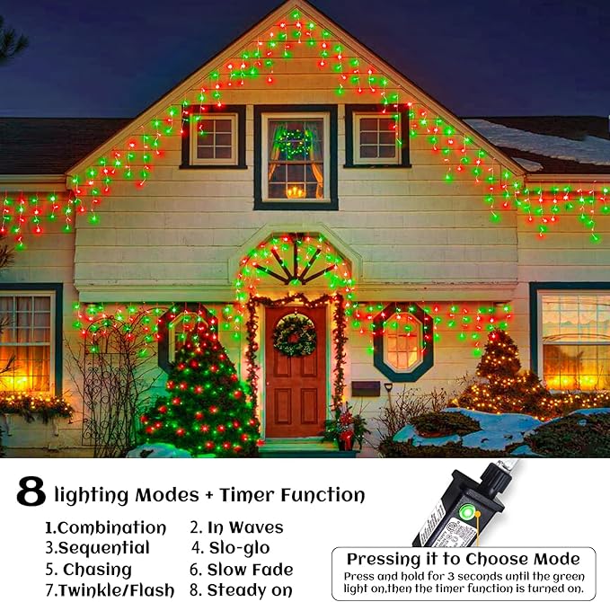 66ft Icicle Lights for Outside, Red and Green Christmas Lights Outdoor Indoor, 640 LED Twinkle String Lights with 120 Drops, Clear Wire Short Curtain Lights for Thanksgiving Room Home Wall Bedroom