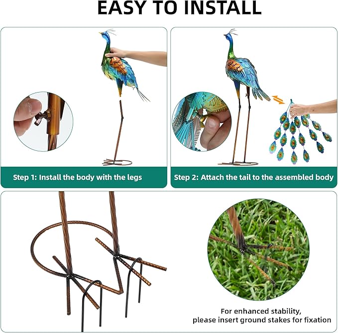 32" Tall Metal Peacock Garden Decor Outdoor Statues, Metal Standing Couple Peacock Decor for Outdoor, Handcrafted Garden Art Sculptures for Patio, Yard, Lawn Home Decoration, Set of 2