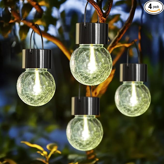 Hanging Solar Lights Outdoor,New Upgraded Moving Led Beads,Solar Powered Waterproof Lighting,4 Pack Hanging Globe Solar Lights for Garden Yard Patio Fence Christmas Decoration (Warm White)