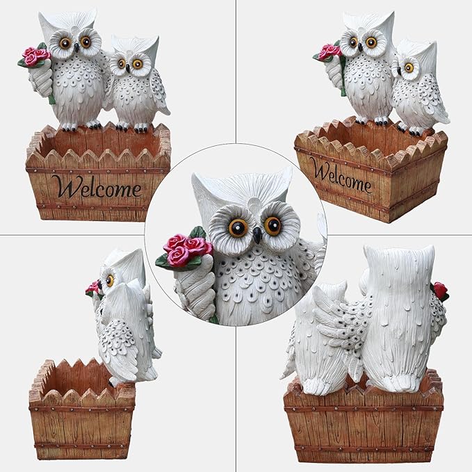 Garden Owl Statue Planter Outdoor - Large Owl Welcome Statue Tall Decor Fake Owls to Scare Birds Outdoor Sculptures for Patio Porch 25.2inch, White