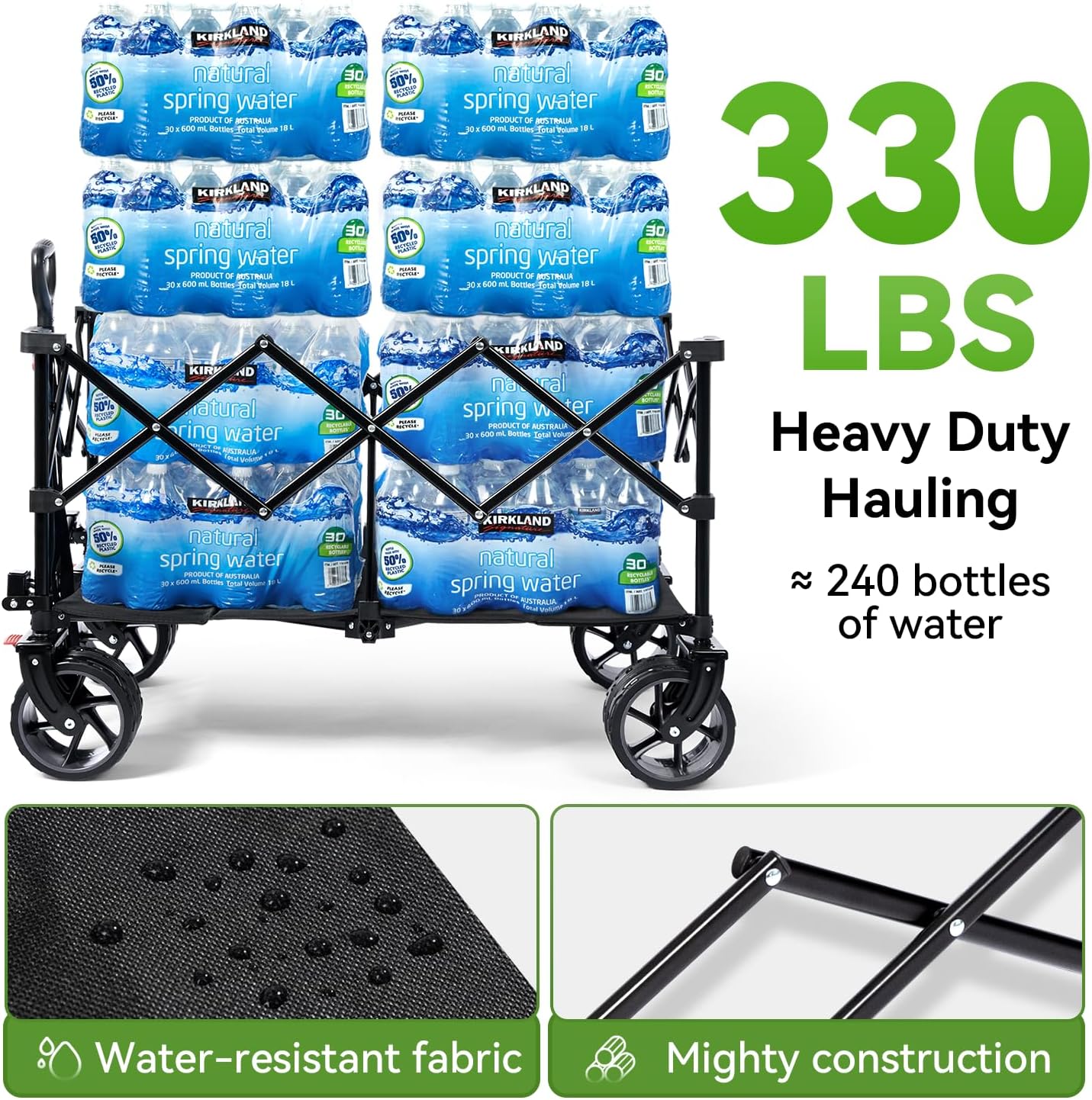 Hikenture Collapsible Wagon Cart, 330lbs Capacity Beach Wagons with Big Wheels for Sand, Heavy Duty Foldable Cart with Brakes, Portable Utility Folding Garden Cart for Outdoor