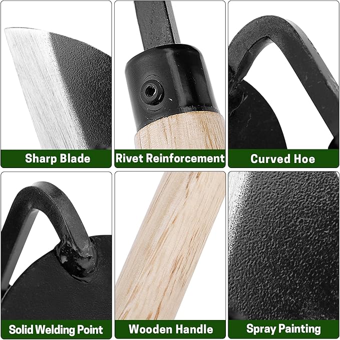 Garden Weeding Sickle/Hand Hoe, Gardening Cutting Grass Sickle, Japanese Sickle Style Hand Weeder Tool with Thick Blade&Wooden Handle