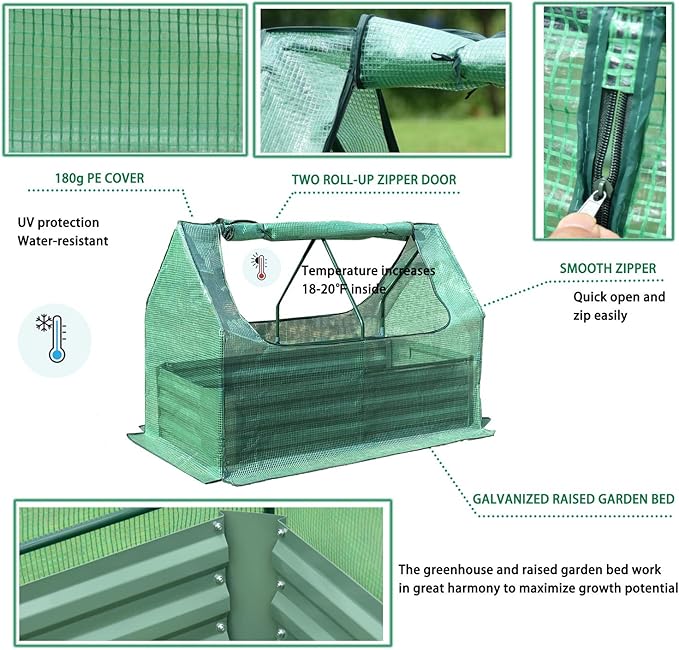 Aoodor 4 x 2 x 1 ft Raised Garden Metal Bed, Mini Greenhouse Kit with 2 Roll-up Zipper Doors, for Vegetables, Herbs and Flowers