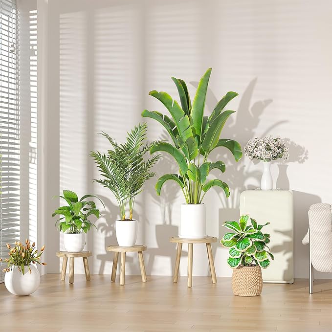 3-Pack Wood Plant Stands Indoor, Single Plant Stand for 6-12 Inch Pots, Mid-Century Modern Plant Stool, Tall Plant Stand for Large Plants for Living Room, Balcony, Office (Light Brown