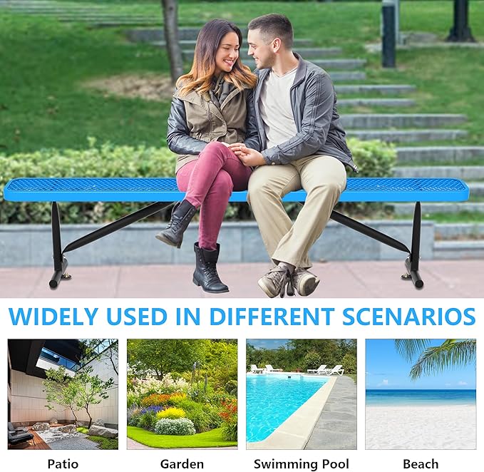 96" L Outdoor Metal Benches, Heavy Duty Garden Park Bench for Outside, Expanded Metal, Commercial Benches Mesh Bench for Shopping Mall, Store, Lawn, Park, Patio, Deck, Garden (Blue, 8FT)