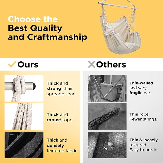 ADVOKAIR Hammock Chair Swing (500 lbs Max-2 Cushions) - Hanging Hammock Chair Rope Swing Indoor for Bedroom, Outdoor, Patio, Bedroom, Porch, Deck - Sturdy Steel Bar with Anti-Slip Safety Rings