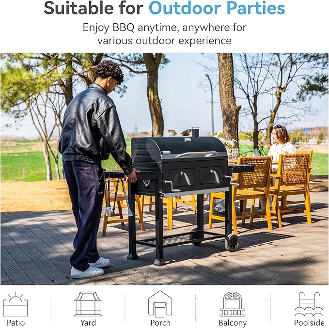 GREEN PARTY Barrel Charcoal Grill with Side Tables, 794 Square Inches Cooking Space, Large Charcoal BBQ Grill with 2 Height-Adjustable Charcoal Pans for Outdoor Backyard Patio Picnic Parties Camping