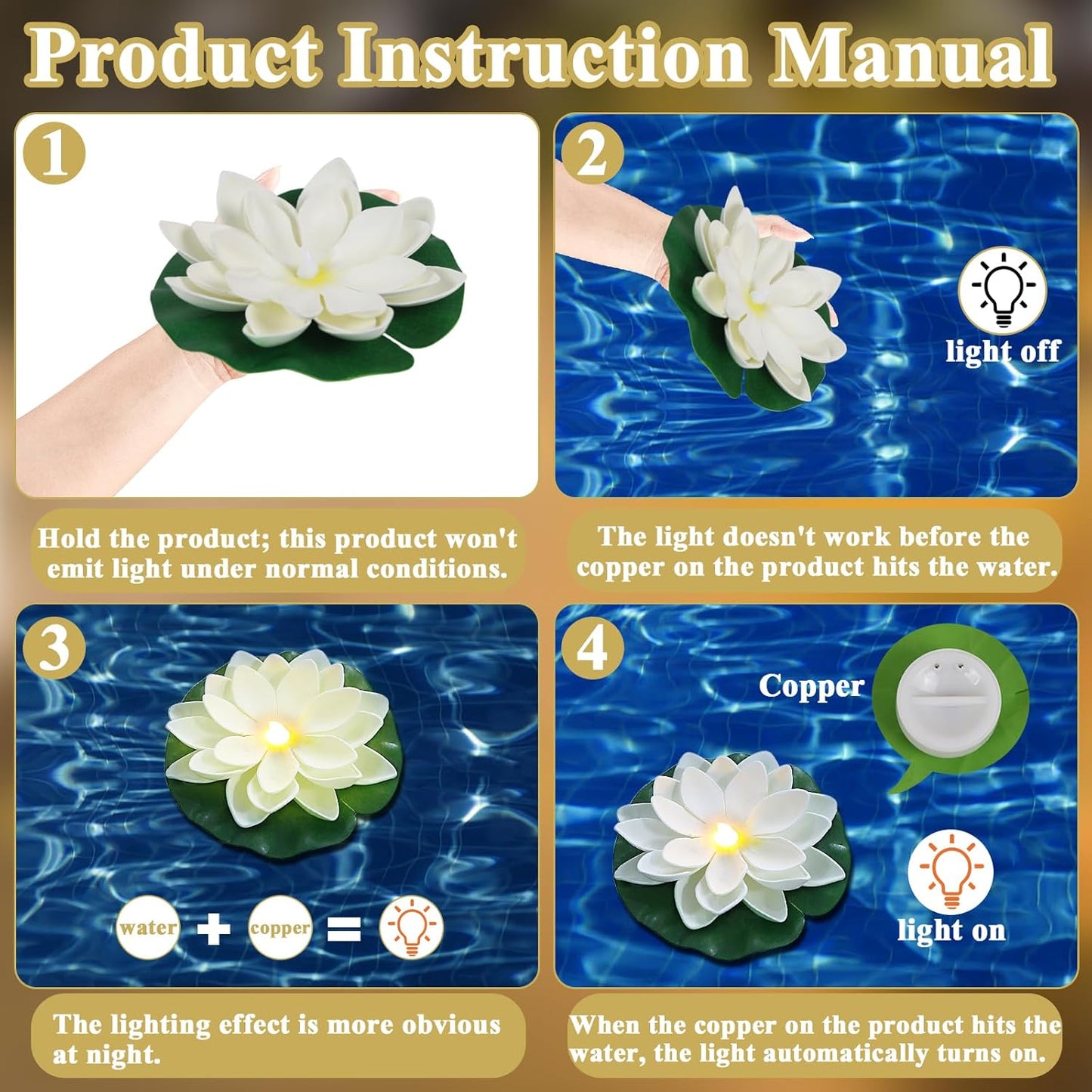 12 PCS Waterproof Floating Lotus Light - 6'' Floating Flower Light Battery Operated Water Activated Warm White Pool Flower Lamp Wedding Anniversary Garden Decoration(6 Inch, White)