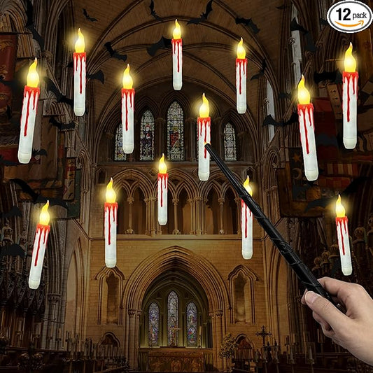 Halloween Decorations, 2023 Newest Floating LED Candles with Wand Remote Control, Witch Wizard Christmas Decor for Indoor Home Room Classroom Bedroom Birthday Party, 12pcs (White & Red), 6.6