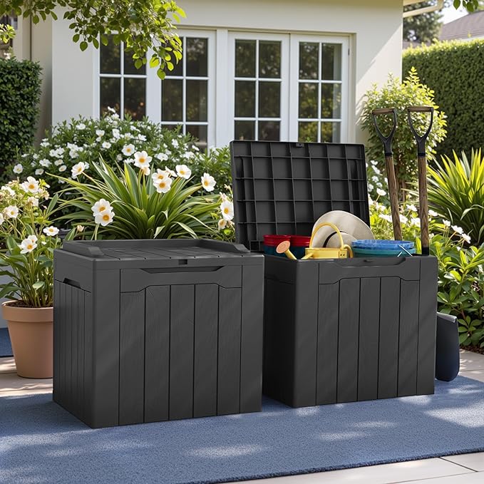 Greesum 31 Gallon Deck Box for Outside, All Weather Outdoor Storage Boxes for Patio Furniture Set, Package Delivery Box,Garden Tools, Gray(Set of 2)