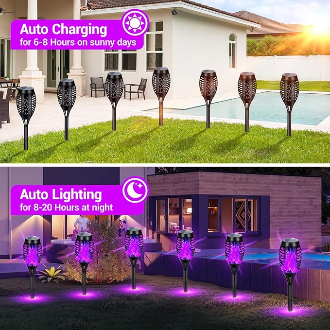 8 Pack Solar Torch Lights Outdoor Waterproof - Purple Flickering Flame, Outdoor Solar Garden Lights for Yard, Tiki Torches for Outside Patio Pathway Decorations