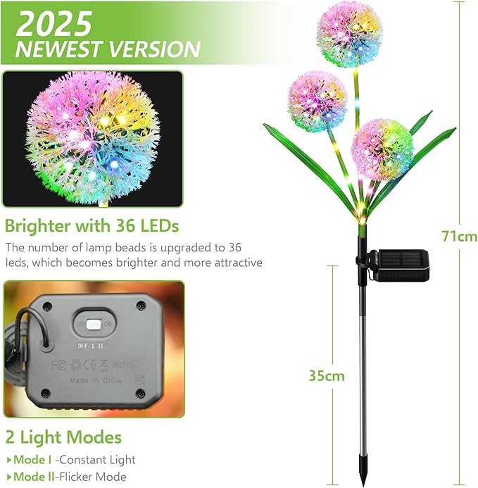 4 Pack Solar Garden Lights Outdoor Decor, New Version 12 Glowing Dandelion Lights & Stems with 144 Colorful LED, 2 Modes Control Solar Lights Outdoor Waterproof IP65 for Yard, Lawn, Pathway