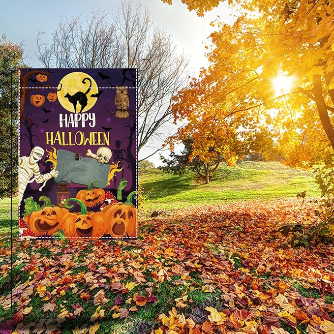 Happy Halloween Garden Flag Halloween SpookyGhost Skeleton Bats Garden Flag 12x18 inch Double Sided Holiday Decorations for Yard Outside Lawn (Flay 1811)