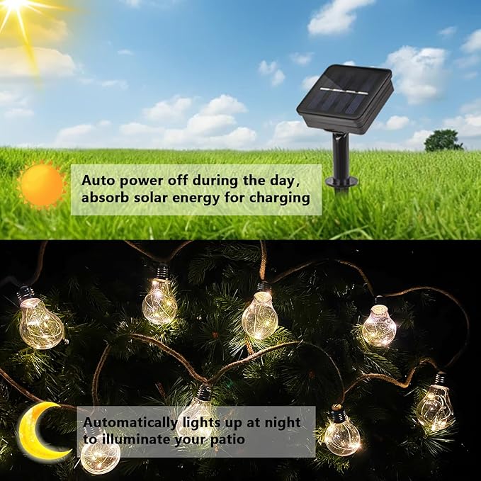 30FT Solar String Lights Outdoor Waterproof with Remote, 20 Edison Shatterproof Bulbs String Lights for Outside, Hemp Rope Solar Powered Lights with 8 Modes for Fence Tree Cafe Bistro Party
