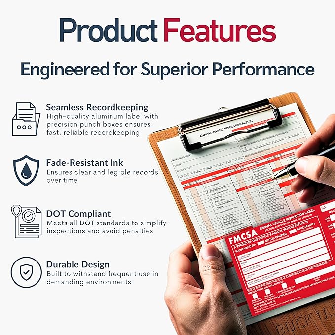 50 Pack Buck Aluminum Annual Vehicle Inspection Label with Punch Boxes, 2 Mil Red FMCSA Self Adhesive Sticker, DOT Compliant, Weatherproof, Tear Resistant, Easy to Write On, 6" x 3.5" - Made in USA