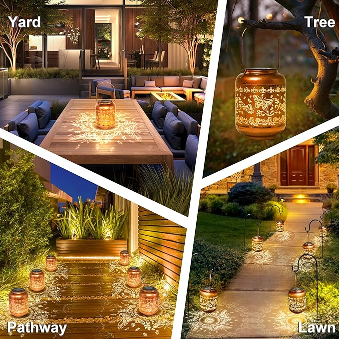 2Pack Butterfly Solar Lanterns Outdoor Hanging Waterproof Lanterns for Garden Decor Christmas Gifts for Women Mom Grandma Metal Solar Lights Decoration Outside for Yard, Patio,Pathway Landscape