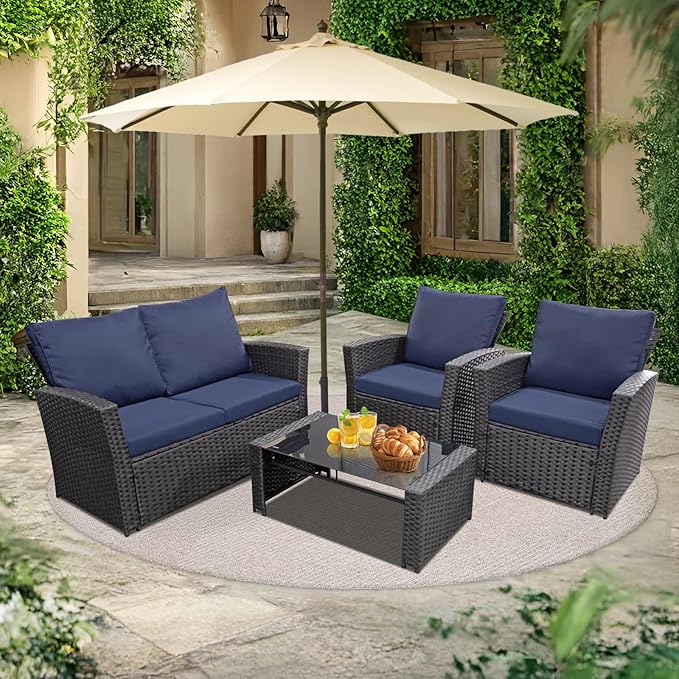 4 Piece Outdoor Patio Furniture Set,Wicker Conversation Sets Outdoor Sectional Patio Sofa Couch with Cushions & Coffee Table for Outside, Garden, Balcony, Porch,Black/Blue