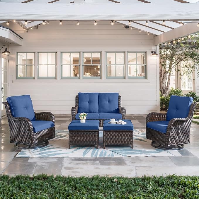 5 Piece Outdoor Patio Furniture Set - Wicker Furniture Patio Conversation Set, Outdoor Swivel Rocker Chairs with Loveseat Sofa and 2 Ottomans for Small Space, Brown Wicker Blue Cushion