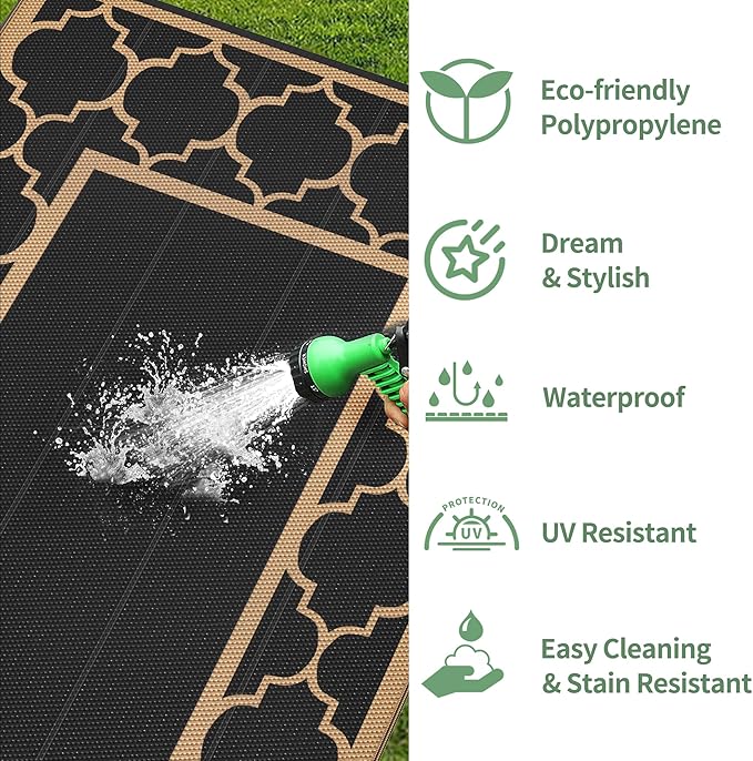 GENIMO 10 ' x 14 ' Outdoor Rug Waterproof for Patio Decor, Foldable Reversible Plastic Straw Area Rugs Mat for Camper, Outside Carpet for Rv, Deck, Porch, Picnic, Beach, Balcony, Black & Brown