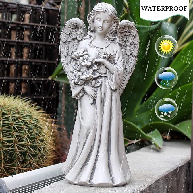 Garden Angel Decor for Outside,Solar Angel Statue for Outdoor,Angel Garden Figurine with Resin,Angel Sculpture for Patio Lawn Yard Porch Decoration,Garden Gift