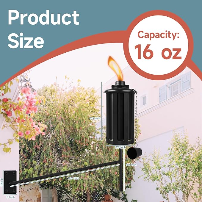 6 PCs Wall Mounted Citronella Torches for Outside, Metal 16 oz Garden Torches, Outdoor Garden Decorative, Easy Refillable Metal Torch for Patio, Deck, Garden, Yard, Black,