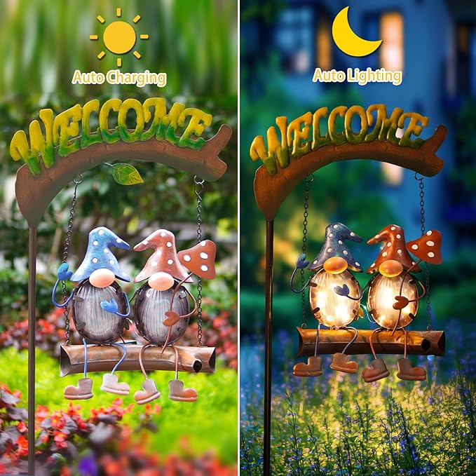 HONGLAND Solar Lights Outdoor Decor, Gnomes Swing Garden Decor, Funny Gifts for Women Mom, Gnomes Outdoor Decorations with Welcome Sign for Front Porch Patio