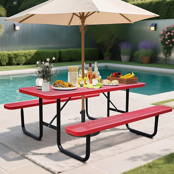 6FT Metal Picnic Tables for Outdoors, Commercial Rectangular Picnic Table and Bench Set for Outside, Patio, Garden, Backyard, Porch, Surface Mount, Red