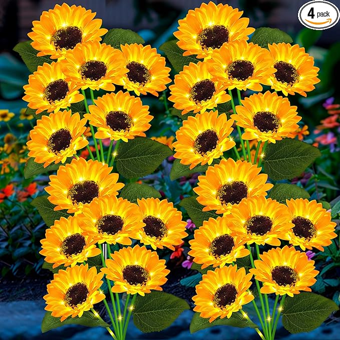 4 Pack Solar Sunflower Garden Lights 24 Vibrant Sunflowers LED Outdoor Decorative Stake Lights for Yard, Patio, Lawn, Pathway, IP65 Waterproof, Gardening Gift for Mom, Grandma, and Friends