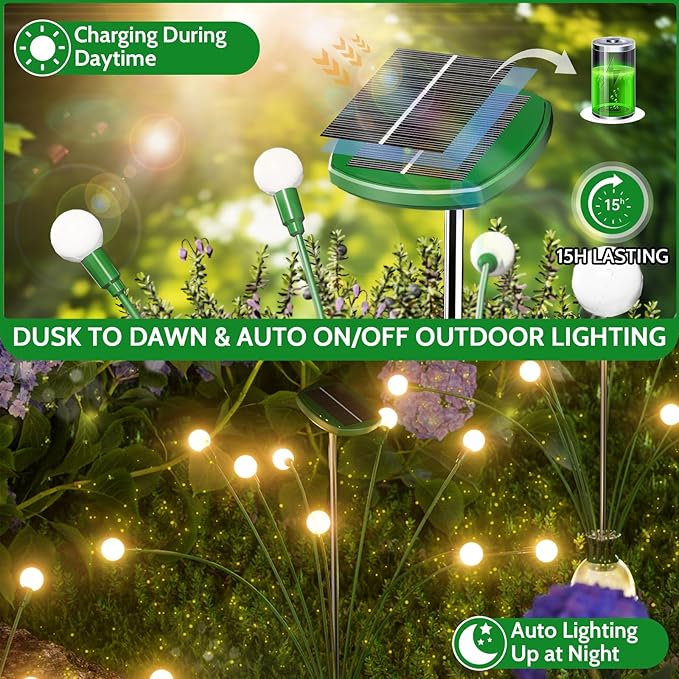 HIGH Power Solar Garden Lights Outdoor, 2 Pack 18 LED Solar Firefly Lights Fairy Swaying by Wind for Outside, IP67 Waterproof, for Patio Garden Yard Walkway Sidewalk, Green