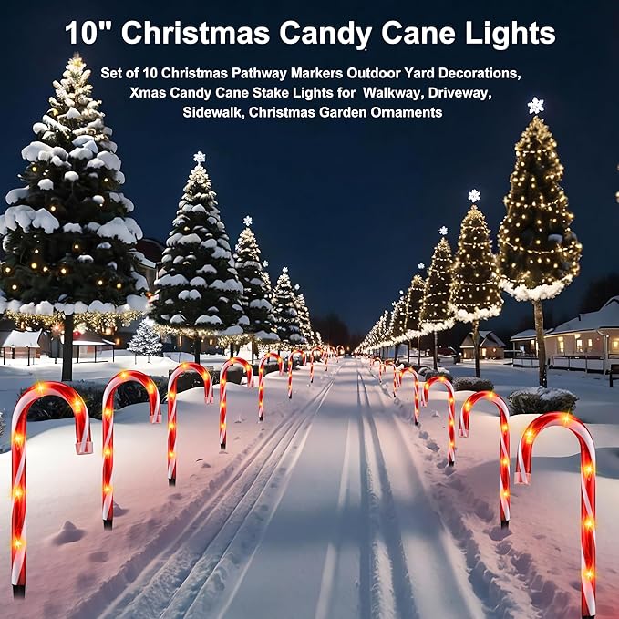 10" Christmas Candy Cane Lights - Set of 10 Pathway Markers Christmas Outdoor Yard Decorations, Xmas Candy Cane Stake Lights for Lawn, Walkway, Garden, Xmas Party Indoor Ornaments