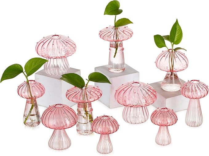 Glasseam Mushroom Plant Propagation Stations: Pink Glass Terrarium Jar Set of 10 Cute Planters for Indoor Plants Mini Propagate Station Unique Christmas Birthday Gifts for Women Home Office Decor