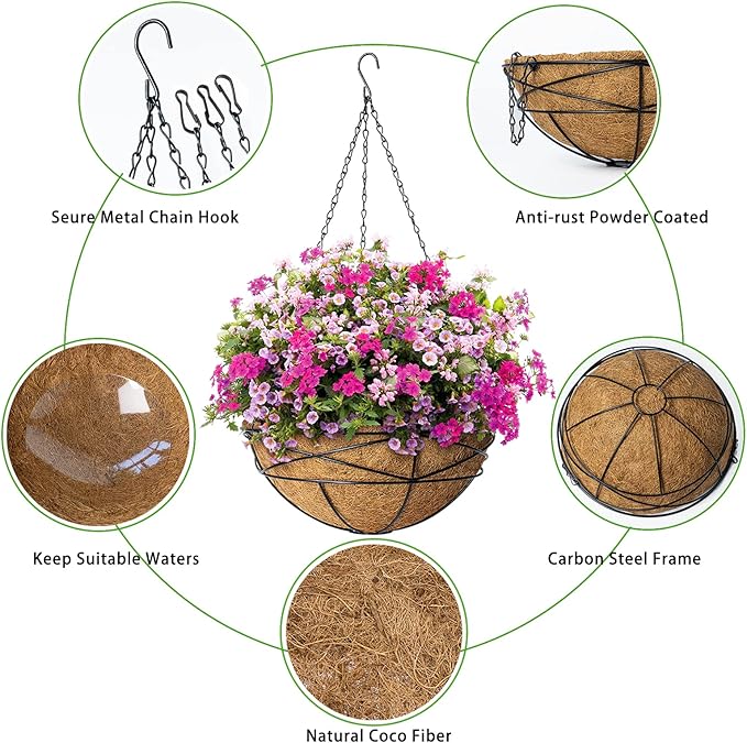 2 Pack 10 Inch Hanging Planters for Outdoor Plants Metal Wire Flower Baskets with Natural Coconut Liners for Garden Planting Decor