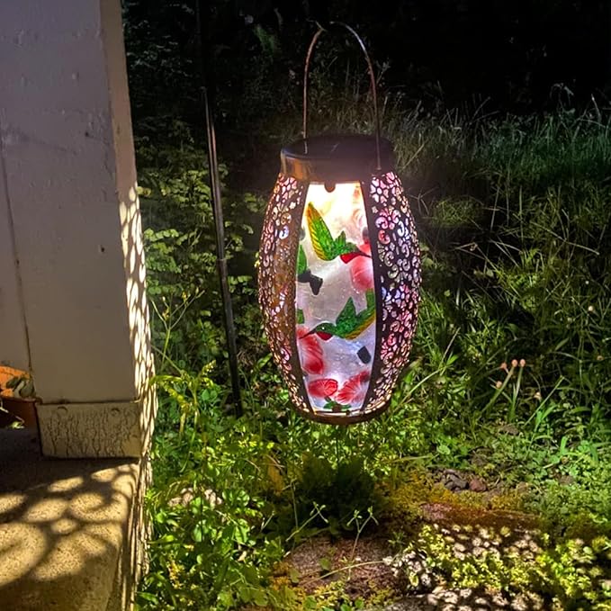 Hummingbird Solar Lanterns Glass & Metal Hanging Lantern Outdoor Waterproof 16" H Tabletop Light with Hollowed-Out Design for Garden Patio Table Decor Mother's Day Gift