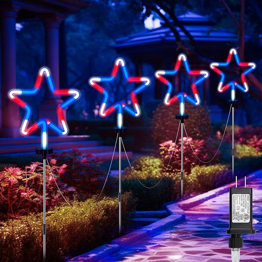 4th of July Decorations Outdoor Red White and Blue Lights, 4 Big Neon Star Pathway Lights Plug in for Independence Day Memorial Day Patriotic Decor Outside Garden Yard Lawn