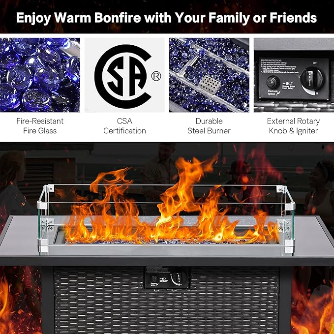 5 Piece Patio Furniture Set with 43" Propane Fire Pit Table, Outdoor Wicker Conversation Set, Rattan Modern Sectional Sofa Couch with Coffee Table for Backyard Porch Garden Poolside, Black-Beige