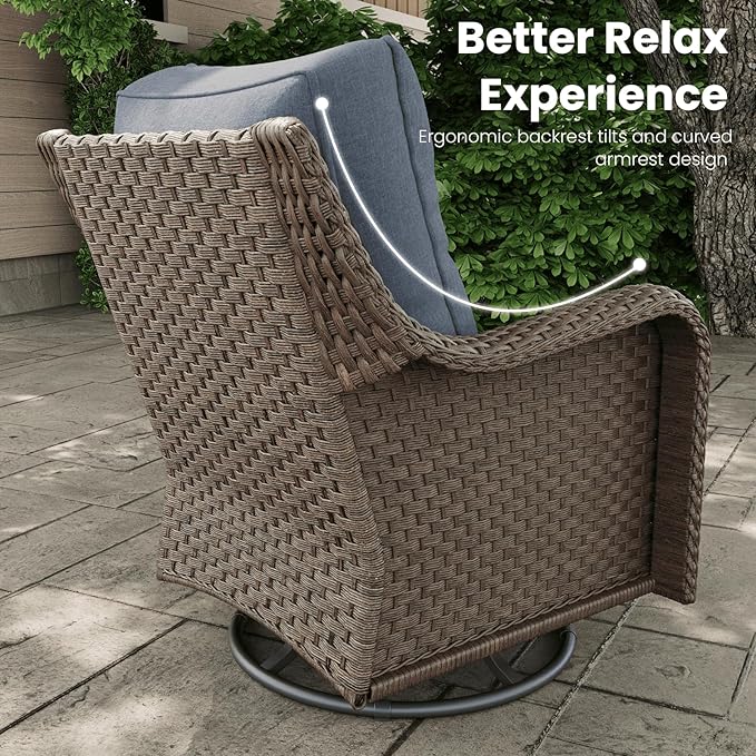 3 Pieces Outdoor Patio Furniture Sets with Rocking Swivel Chairs with 6-inch Thick Cushion and Side Table for Deck Lawn