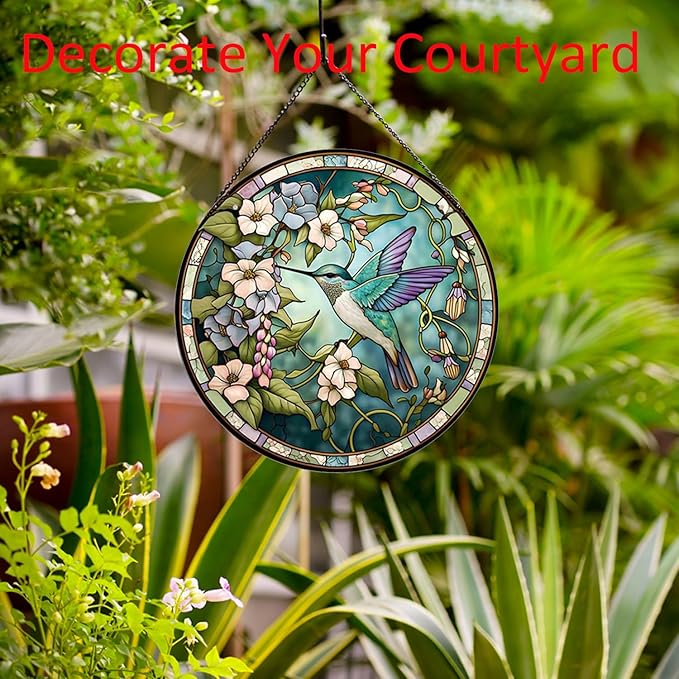 Hummingbirds and Flowers Pattern Stained Glass Suncatchers for Windows,Hanging Stained Glass Suncatcher,20cm/7.87inch Hand-Painted Sun Catcher Garden Painted Glass Panel Decor Themed Gift