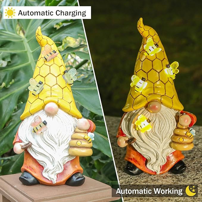 Garden Gnome Statue with Bee Solar Lights, Resin Gnome Figurine for Outdoor Decor, Porch Patio Yard Decorations