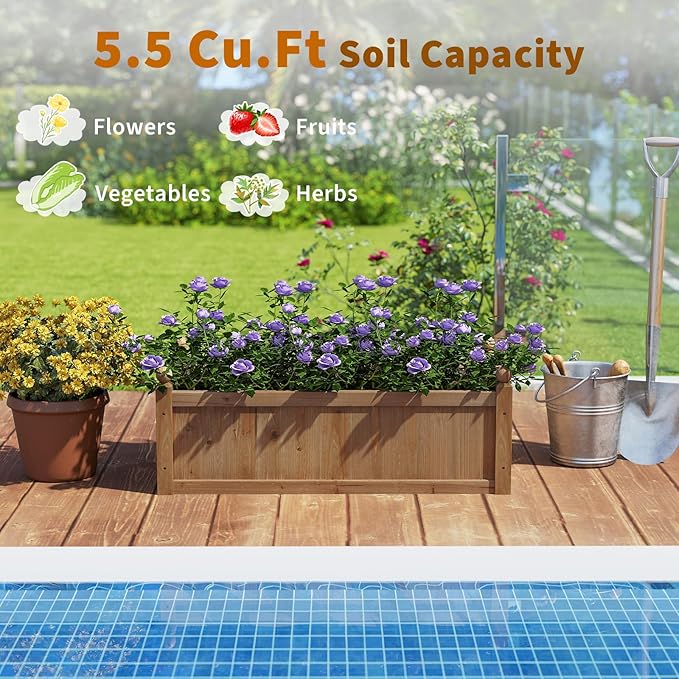 HAPPYGRILL Wood Raised Garden Bed, 46” x 24” x 16” Rectangular Flower Box w/Drainage Holes for Growing Vegetables, Flowers, Herbs, Outdoor Planter Box for Backyard Garden Lawn