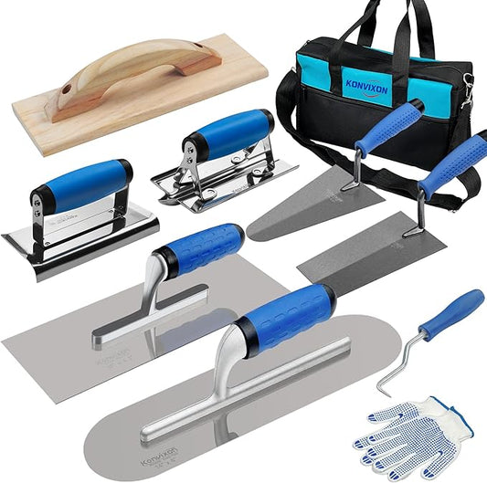 10PCS Concrete Trowel Set, Masonry Hand Tool Set Includes Large Flat Finishing and Pool Trowel, Wood Float, Concrete Edger and Groover, Margin Gauging, Wire Twister, Gloves & Carry Bag