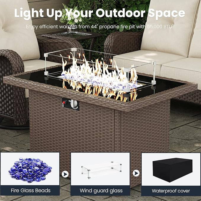 5 Pieces Outdoor Patio Furniture Sets with Rocking Swivel Chairs with 6-inch Thick Cushion and Fire Pit Table for Deck Lawn