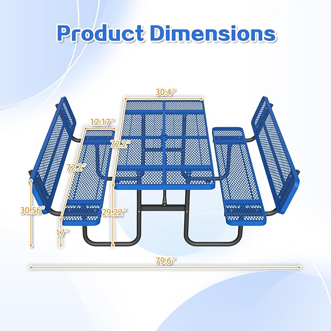 79'' Steel Rectangular Picnic Table for Outdoors, with backrest, Expanded, Lifetime Picnic Table with Umbrella Hole, Heavy Duty Sturdy Commercial Picnic Tables for Garden Courtyard BBQ, Blue
