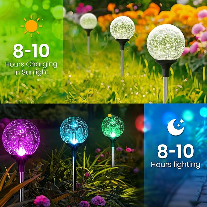 GIGALUMI Solar Garden Lights 3 Pack, Solar Powered Outdoor Lighting Multi-Colored Changing Garden Globes Waterproof Cracked Glass Ball with LED Lights Decor for Yard Patio Porch Balcony Landscape