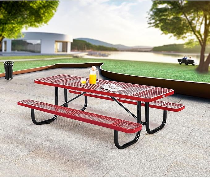 Global Industrial 8’L Rectangular Picnic Table, Expanded Metal, Red Thermoplastic Coating, Attached Benches, 1-1/2” Umbrella Pole Hole, Outdoor-Rated, 1000 lb Capacity, 96” x 30” Tabletop