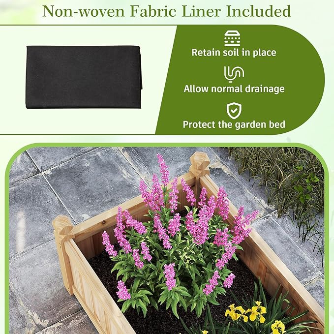 HAPPYGRILL Raised Garden Bed, Wooden Elevated Garden Box w/8 Drain Holes, Detachable Bottom Panels, Liner for Flowers Vegetables Herbs Fruits, Outdoor Planter Box for Backyard Lawn, 89" x 23.5" x 16"