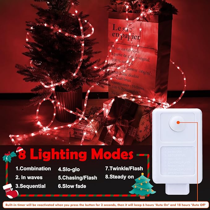 100ft LED Rope Lights Outdoor, 720 LED Connectable and Flexible Tube Lights with 8 Modes, Waterproof LED Rope Lighting for Garden, Patio, Pool, Bedroom, Party, Indoor Outdoor Christmas Decor (Red)