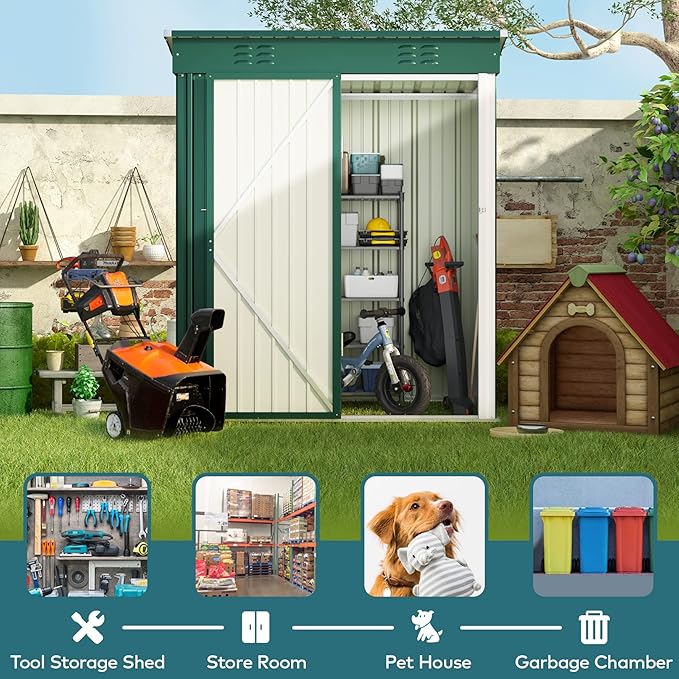 Gizoon 5' x 3'Outdoor Storage Shed with Singe Lockable Door,Galvanized Metal Shed with Air Vent Suitable for The Garden,Tiny House Storage Sheds Outdoor for Backyard Patio Lawn-Green