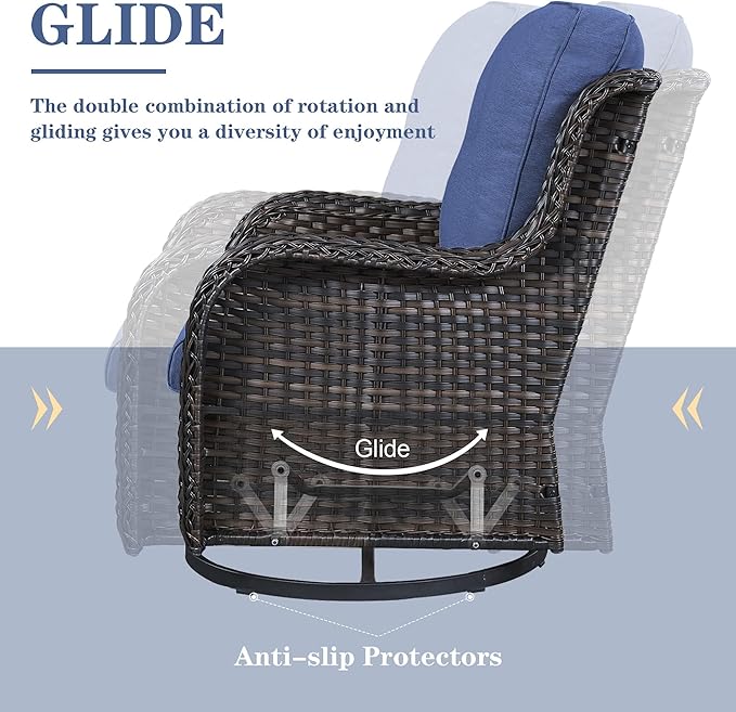 5 Piece Outdoor Patio Furniture Set - Outdoor Conversation Couch and Loveseat Glider Chair Furniture Set with Rattan Coffee Table for Deck Balcony Poolside Brown Wicker/Blue Cushions