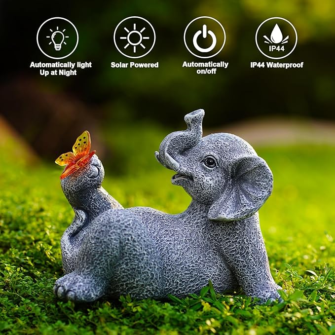 Goodeco Elephant Statue with Solar Butterfly - Ideal Gifts for Women, Mom or Birthdays, Beautifully Crafted Outdoor Decorations to Wow Your Guests